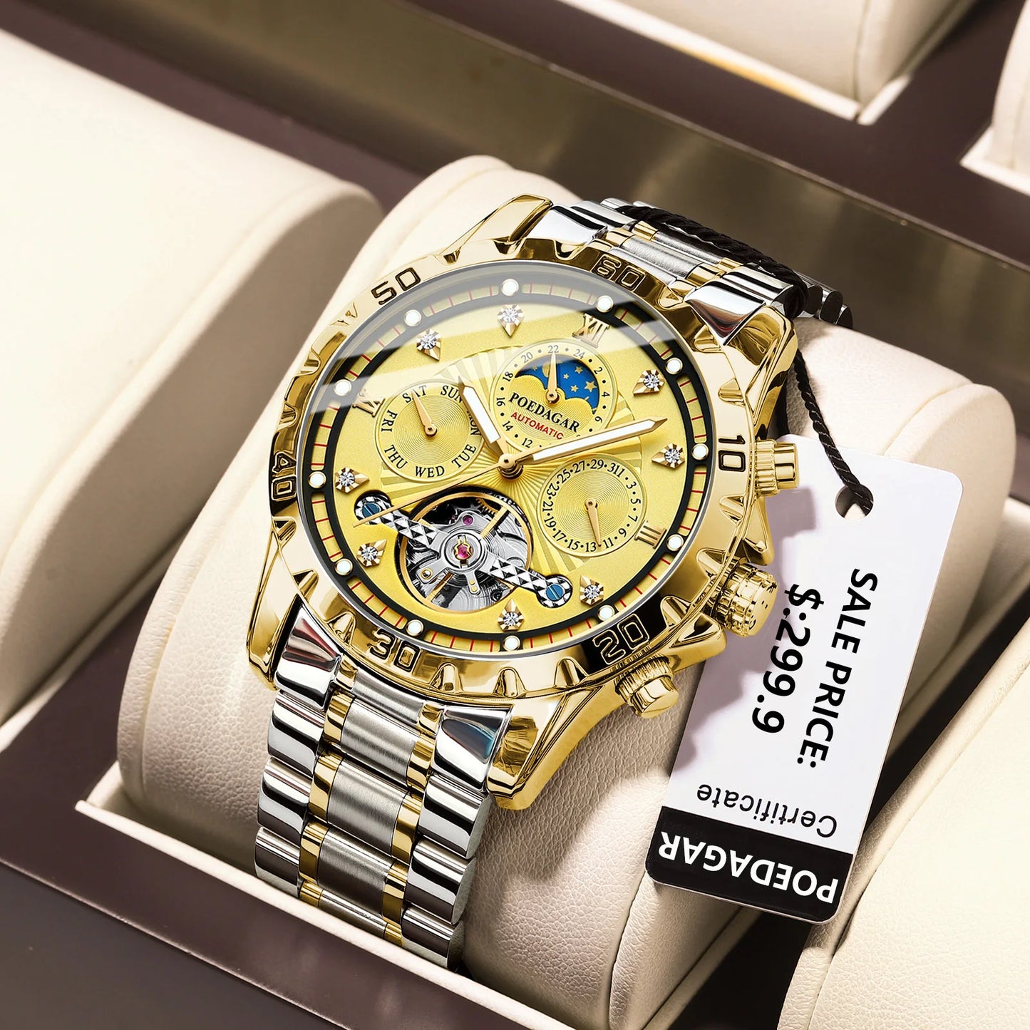 POEDAGAR Luxury Automatic Mechanical Watch Tourbillon Waterproof Luminous Date Week Men Wristwatch Stainless Steel Men's Watches